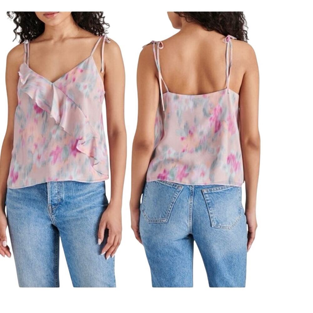 Steve Madden Pink Floral Ruffle Tie Shoulder Camisole Top Fairycore New Size L